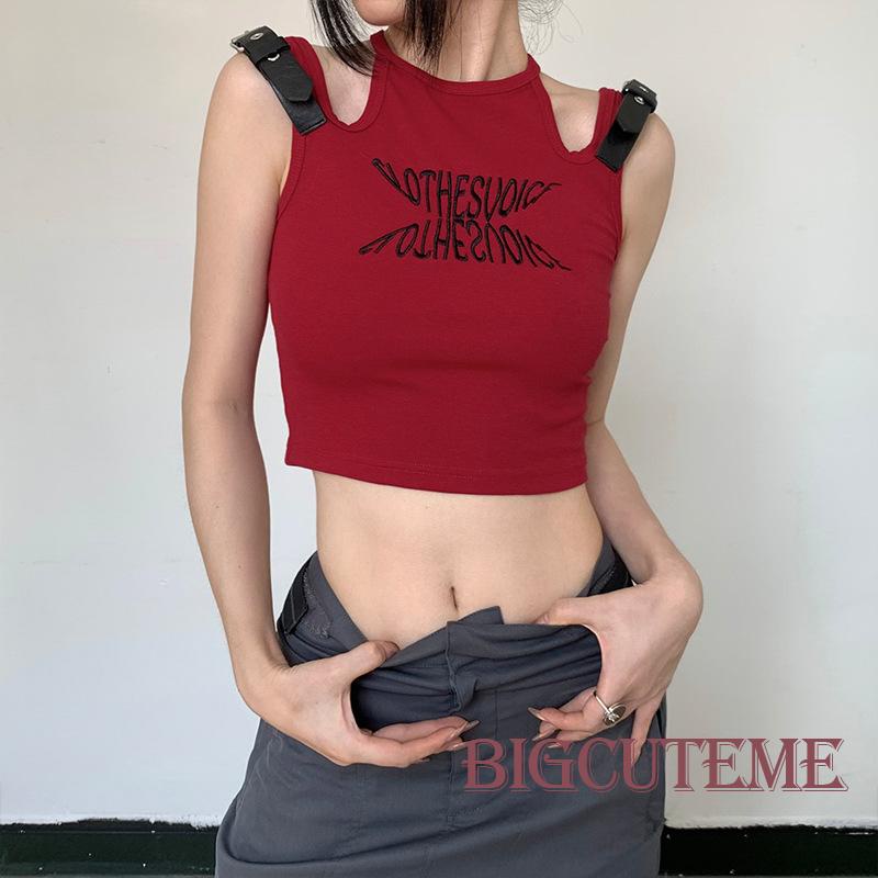 [] Áo Croptop Không Tay Cắt Xẻ Cơ Bản Thêu Chữ Mùa Hè Cho Nữ