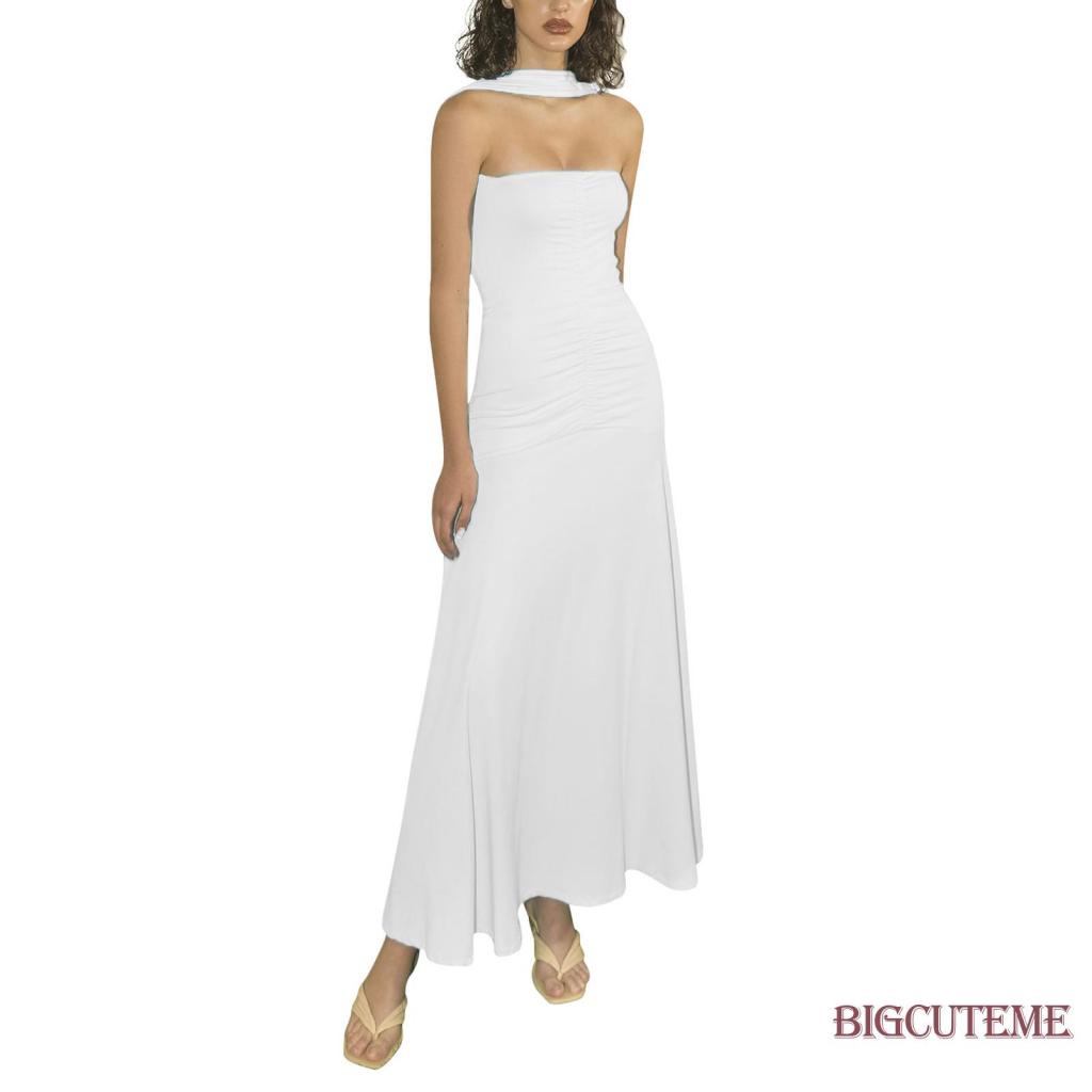 Đầm Hai Dây Mùa Xuân Hè Xếp Ly Màu Sắc Trơn Cổ Yếm Không Tay Cho Nữ