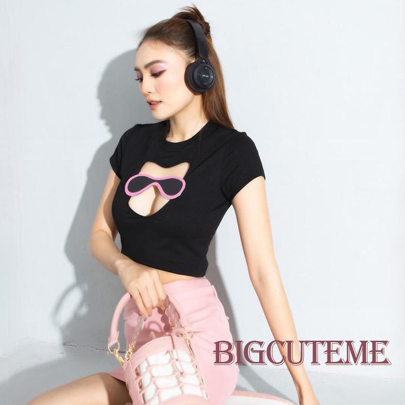 Áo Thun Crop Top Tay Ngắn Màu Đen Thời Trang Mùa Hè Cá Tính Cho Nữ