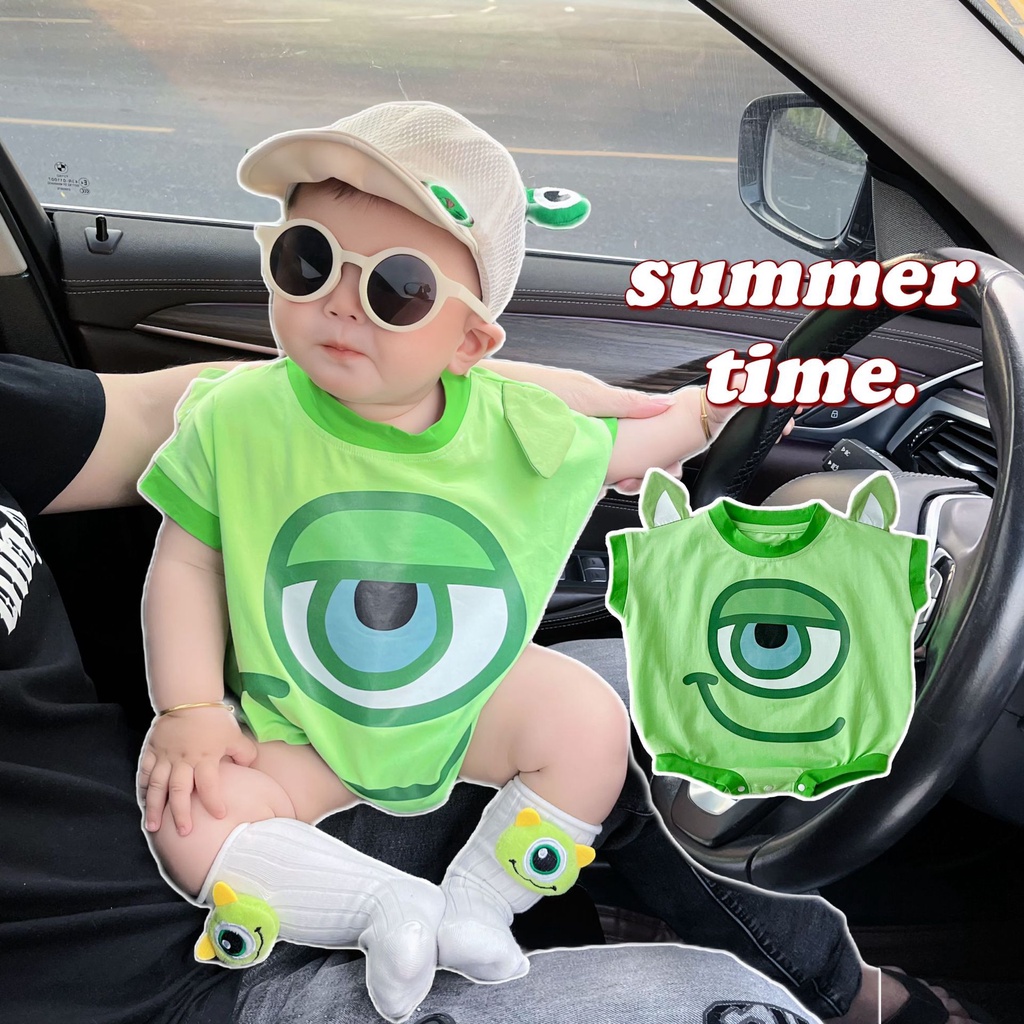 Bộ Áo Liền Quần Bằng cotton Trơn Tay Ngắn In Hoạt Hình Ếch Đeo Kính Râm + Nón Cho Bé Sơ Sinh 0-24