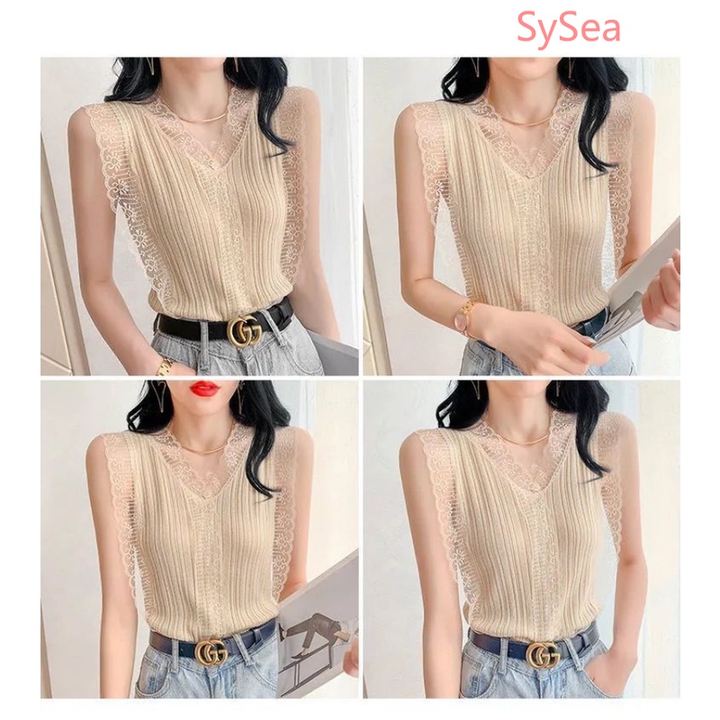 Áo Hai Dây Dệt Kim Dáng Rộng Cổ Chữ V Phối Ren Quyến Rũ Cho Nữ