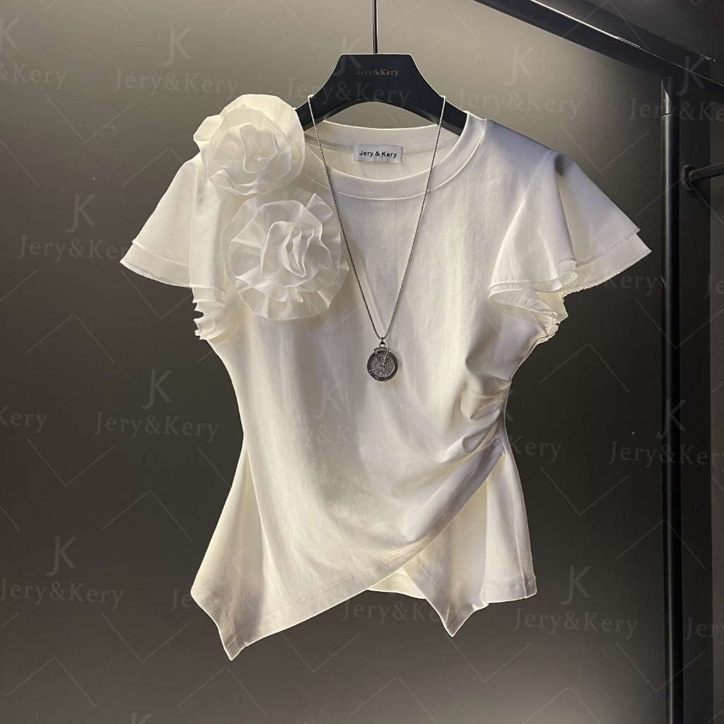 Màu đồng nhất hoa lớn khâu camellia xếp ly thắt lưng hẹp cổ tròn t-shirt ngắn tay 2023 mùa hè thiết kế phong cách mới top ins