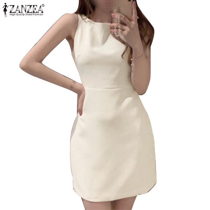 Đầm mini ZANZEA cổ tròn không tay màu trơn thời trang Hàn Quốc cho nữ