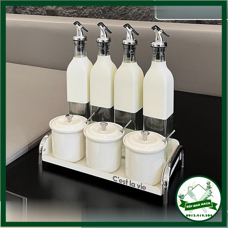 Bộ chai lọ, hũ đựng gia vị gốm sứ và thủy tinh MÀU TRẮNG kèm kệ cho nhà bếp nấu ăn gia đình [Bếp Haza]