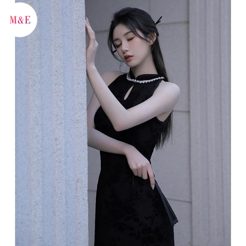 Đầm Sườn Xám Cách Tân Dáng Dài Màu Đen Phong Cách Trung Hoa Cổ Điển Thời Trang Mùa Hè 2023 Dành Cho Bạn Nữ