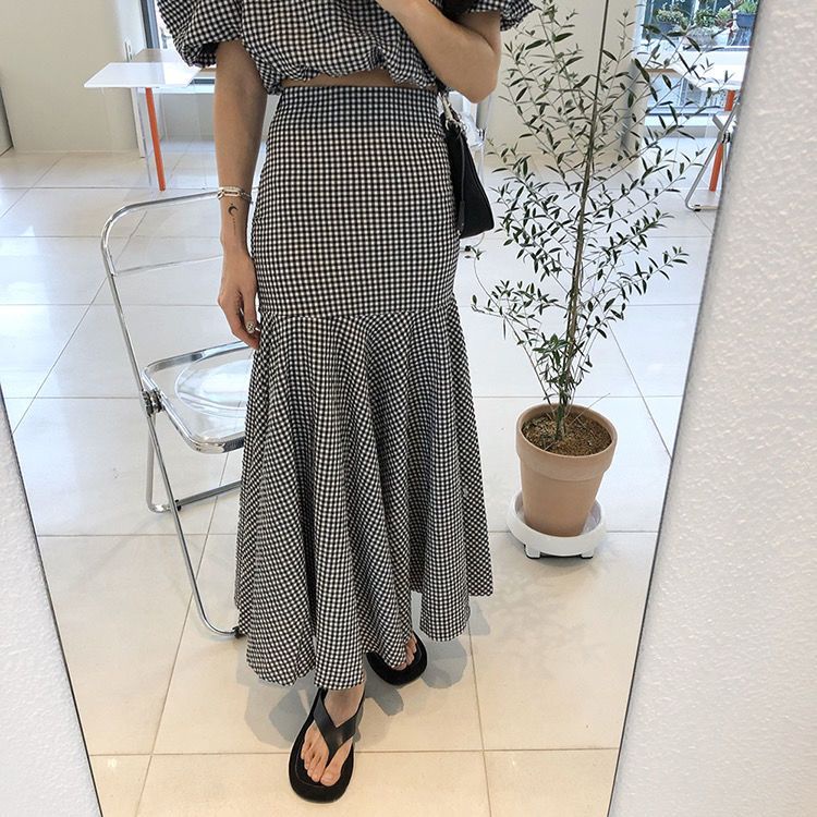 Bộ Áo Sơ Mi Tay Phồng Kẻ Sọc + Chân Váy Đuôi Cá Eo Cao Thời Trang Mùa Hè Hàn Quốc Cho Nữ