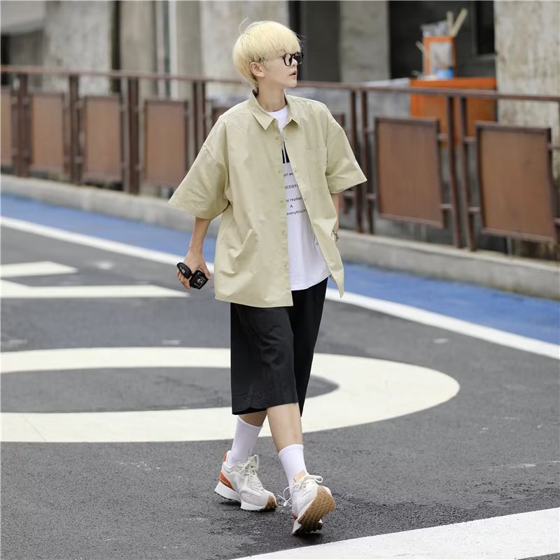 Áo Sơ Mi Ngắn Tay Dáng Rộng Màu Trơn Thời Trang Mùa Hè Hàn Quốc Giản Dị Dành Cho Nam