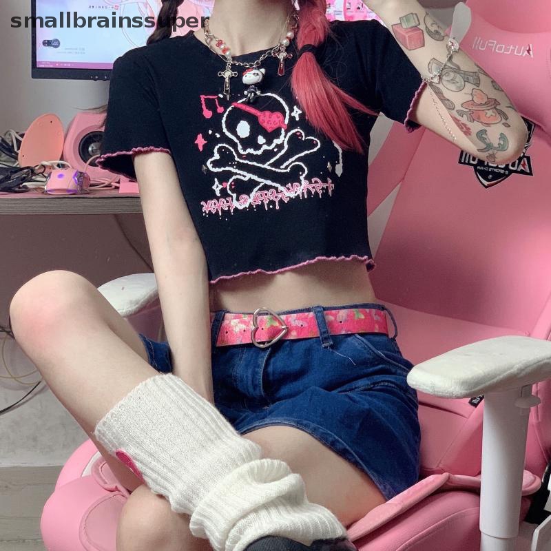 Áo Thun Crop Top Tay Ngắn Cổ Tròn In Họa Tiết Hoạt Hình Phong Cách Harajuku Thời Trang Mùa Hè Cho Nữ SBS