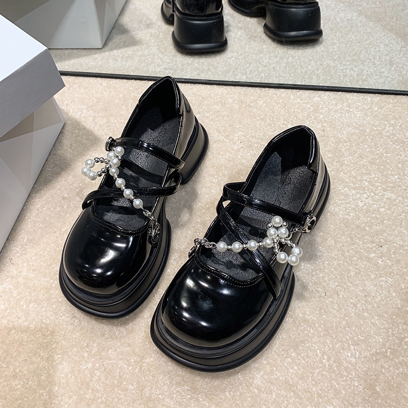 Ielgy Giày Lười Đế Dày Bằng Da Có Dây Xích Ngọc Trai Cá Tính Phong Cách Đại Học Cho Nữ