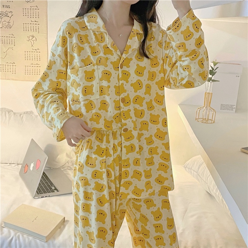 Bộ Đồ Ngủ Hai Mảnh In Họa Tiết Gấu Pooh Dễ Thương Phong Cách Hàn Quốc Thời Trang Mùa Thu Cho Nữ
