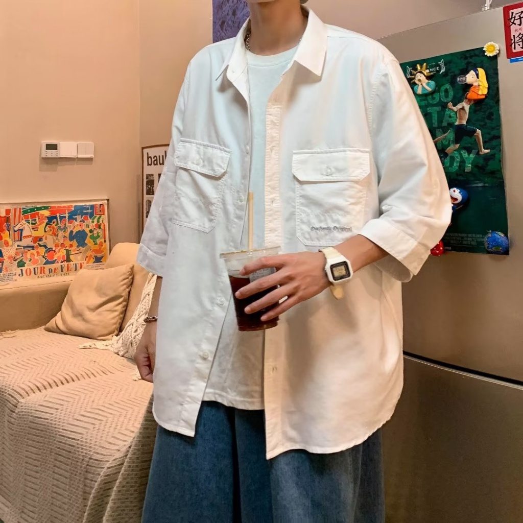 Áo Khoác Sơ Mi Tay Dài Dáng Rộng Phong Cách Hàn Quốc Đơn Giản Thời Trang Cho Nam