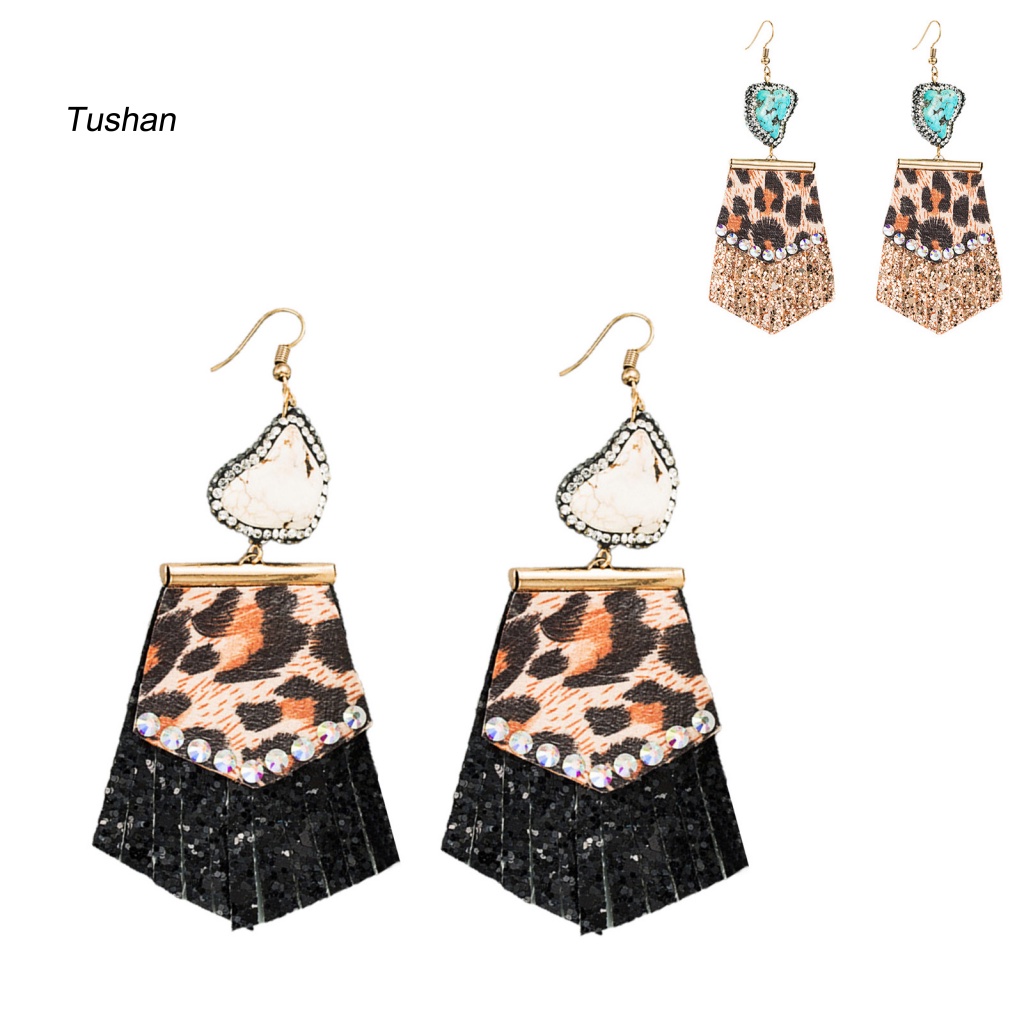 [Ts] 1 Đôi Bông Tai Thả Tất Cả Họa Tiết Da Báo Đính Kim Cương Giả Phối Tua Rua Cho Nữ Dating