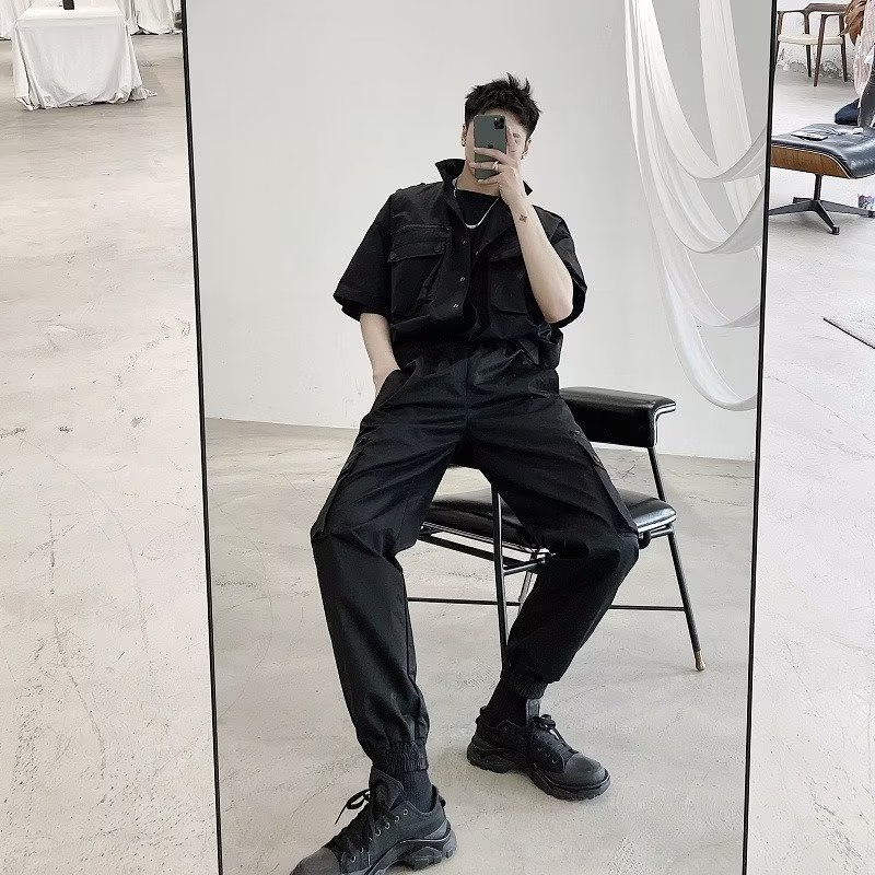 Áo Sơ Mi Ngắn Tay Dáng Rộng Nhiều Túi Phong Cách Đường Phố Nhật Bản Cá Tính Dành Cho Nam