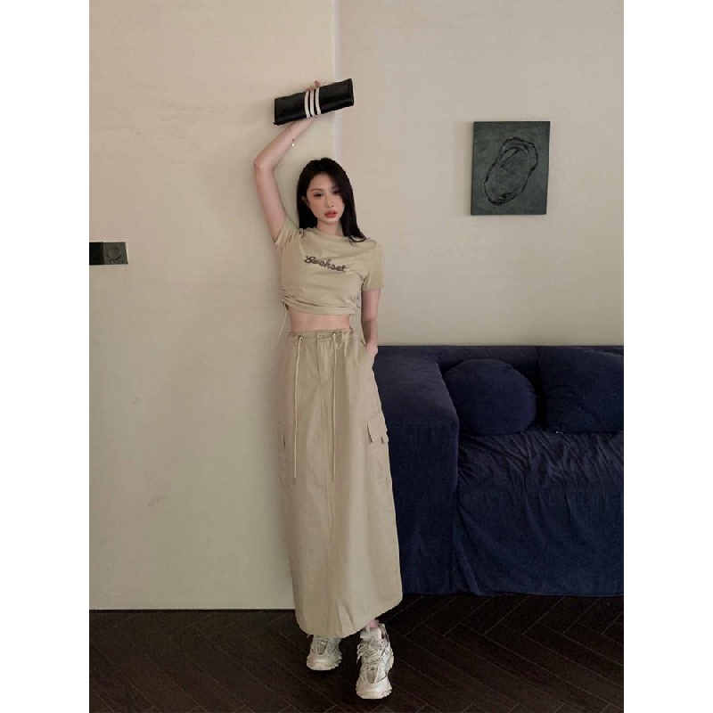 Bộ Áo Thun Ngắn Tay + Chân Váy Chữ A Lưng Cao Thời Trang Vintage Đơn Giản Cá Tính 2023