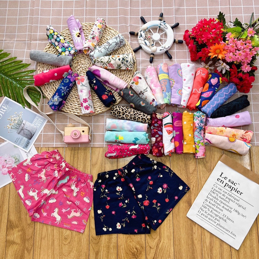 Quần đùi chục cho bé gái thun cotton 100% co dãn thấm hút mồ hôi họa tiết dễ thương cho bé gái từ 10~50kg ,