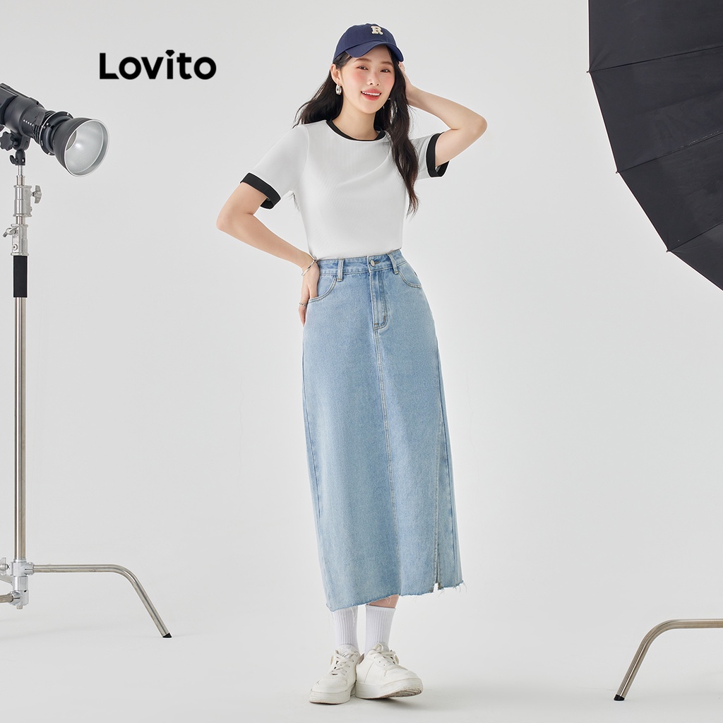 Áo thun nữ Lovito tay ngắn cổ tròn dệt kim sọc gân phối viền tương phản màu trơn thường ngày L49AD015 (Màu trắng nhạt)