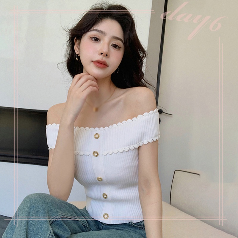 Áo Dệt Kim Tay Ngắn Trễ Vai Phối Ren Màu Trơn Thời Trang Cho Nữ