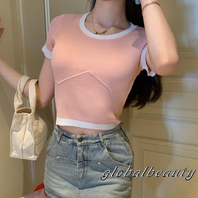 Áo Thun Dệt Kim Tay Ngắn Cổ Tròn Màu Sắc Tương Phản Phong Cách Thời Trang Đường Phố Cho Nữ