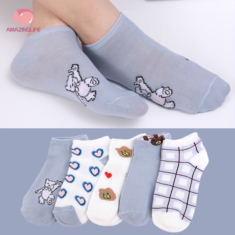 Bộ 5 Đôi Vớ Ngắn Bằng Cotton Thoáng Khí Chống Trượt Họa Tiết Gấu Hoạt Hình Phong Cách Harajuku Cho Nữ