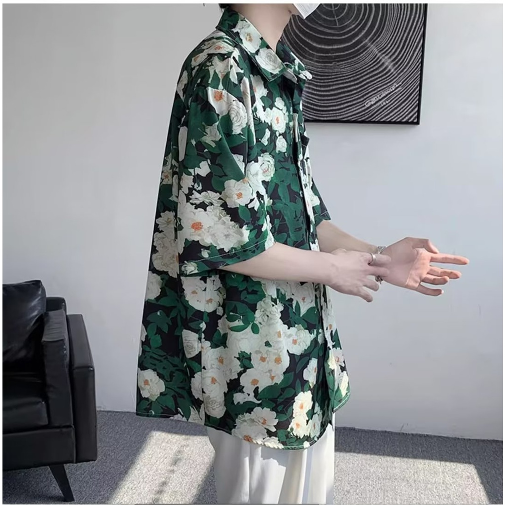 Áo Sơ Mi Tay Ngắn Dáng Rộng Chất Lụa Lạnh Họa Tiết Hoa Cúc Thời Trang Cá Tính Cho Nam