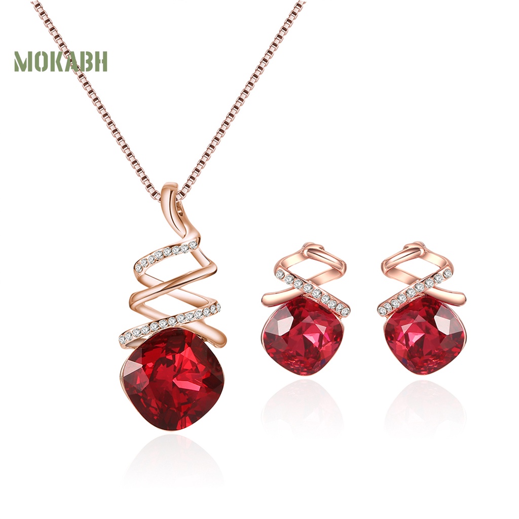 1 Bộ Vòng cổ + Bông Tai Hình Học Xoắn Đính Đá Màu Đỏ Thời Trang Dành Cho Nữ