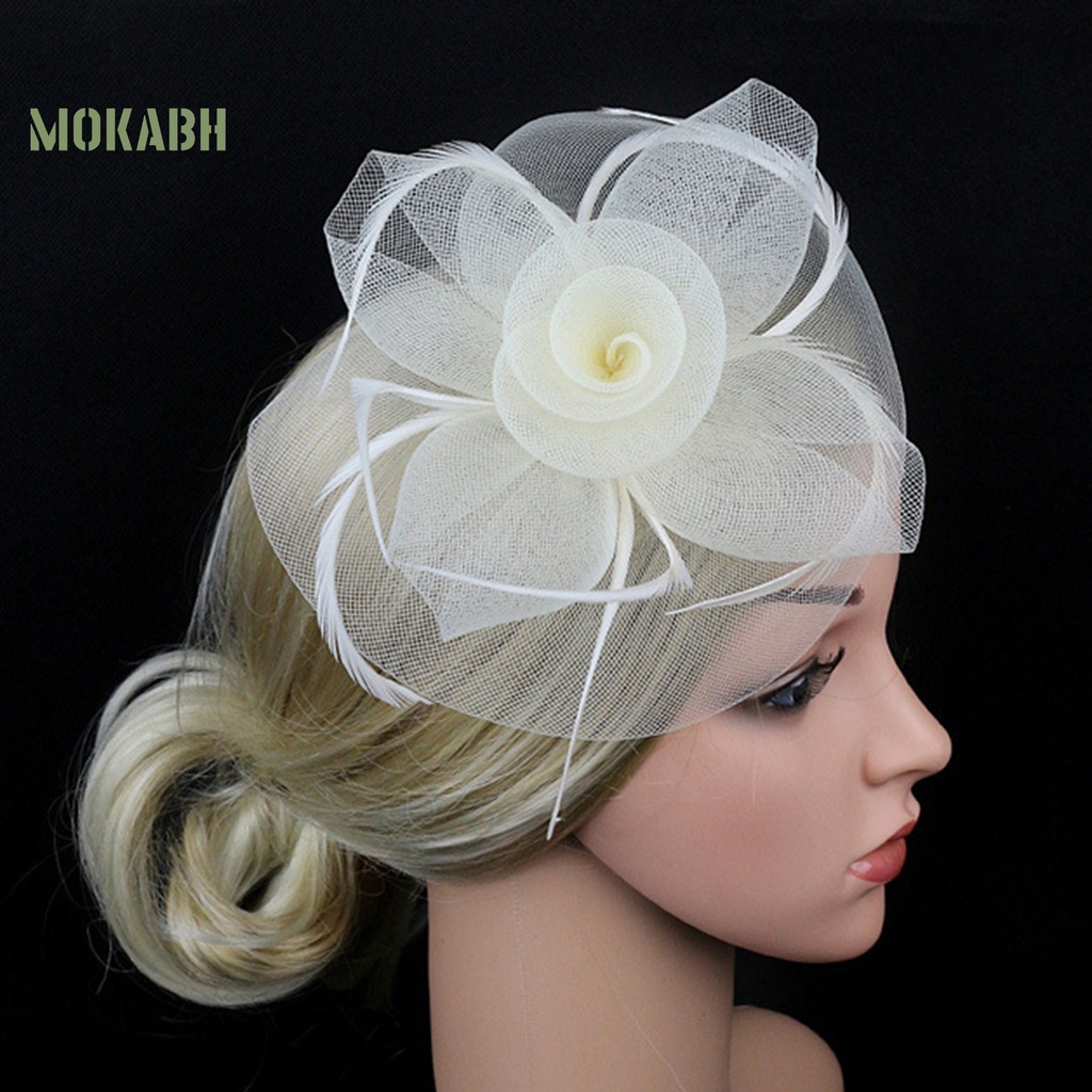 Cài Tóc [mokabh] Mũ Lưới Giả Lông Vũ Thắt Nơ Hoa Trang Trí Cocktail