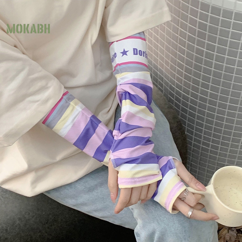 1 Cặp Găng Tay Chống Nắng Bằng Lụa Lạnh Độ Co Giãn Cao Họa Tiết Kẻ Sọc