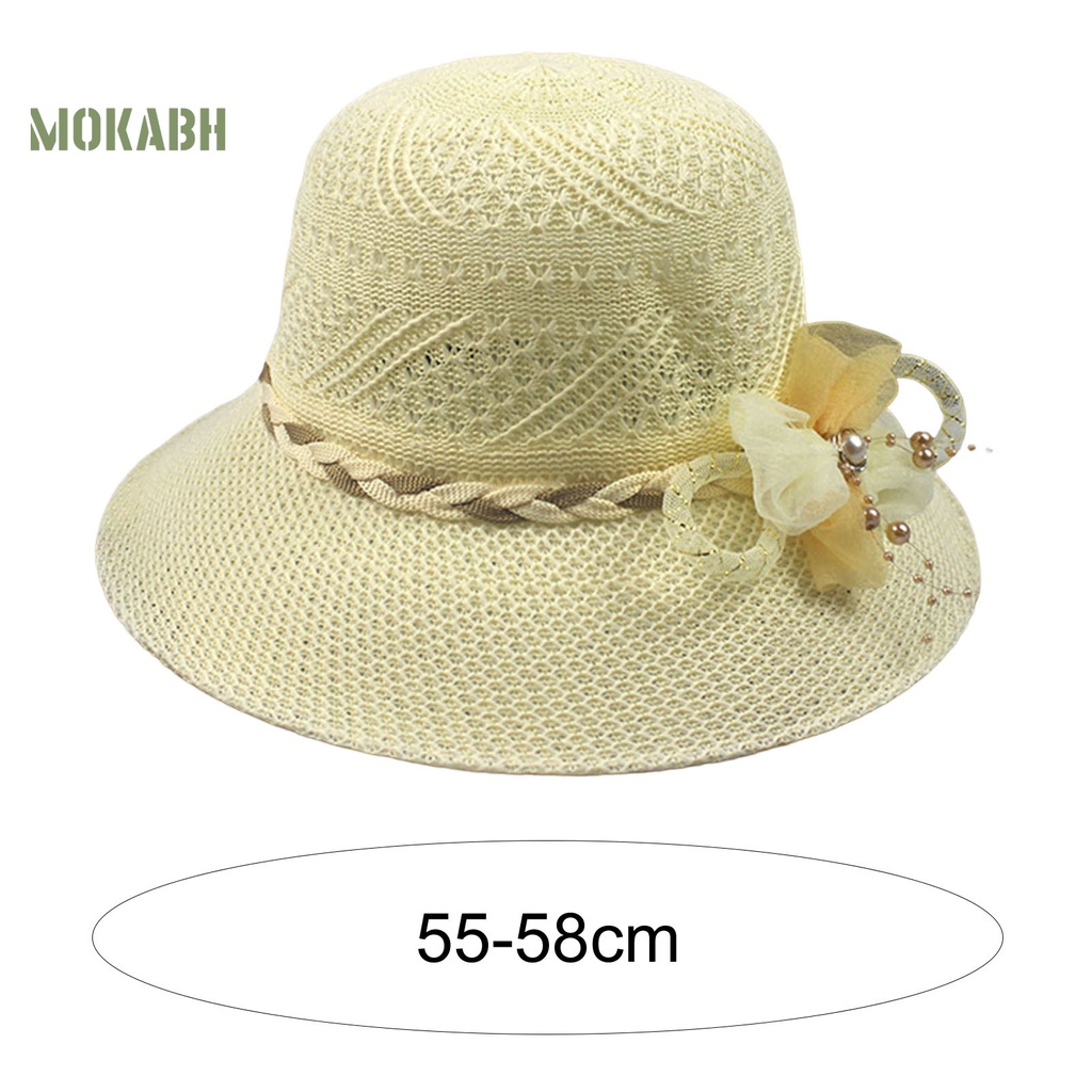 [Mok Abh] Mũ Tai Bèo Vành Rộng Chống Tia UV Có Dây Thắt Nơ Đính Hoa Giả Bằng Vải Bện Dành Cho Nữ Đi Biển