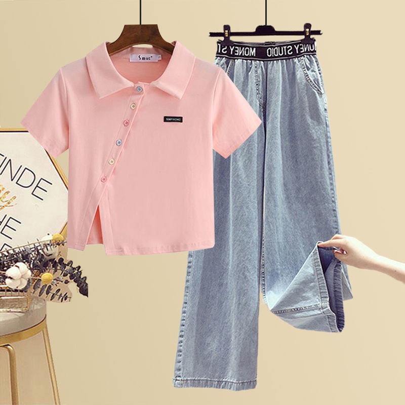 2024One Set Áo Thun Ngắn Tay Và Quần Jeans Ống Rộng Thời Trang Mùa Hè