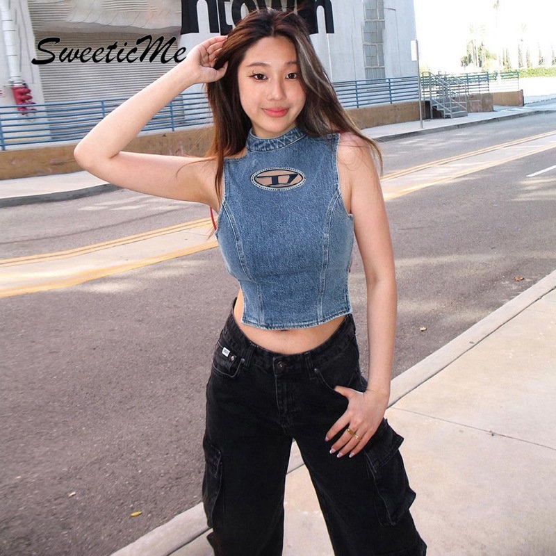 Áo Denim Hai Dây Cổ Tròn Hở Lưng Dáng Ôm Thời Trang 2023 Cho Bạn Gái