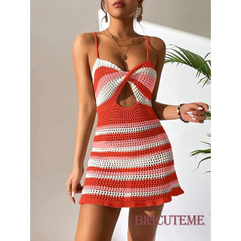 [] - Đầm Mini Hai Dây Dệt Kim Kẻ Sọc Thời Trang Mùa Hè Cho Nữ