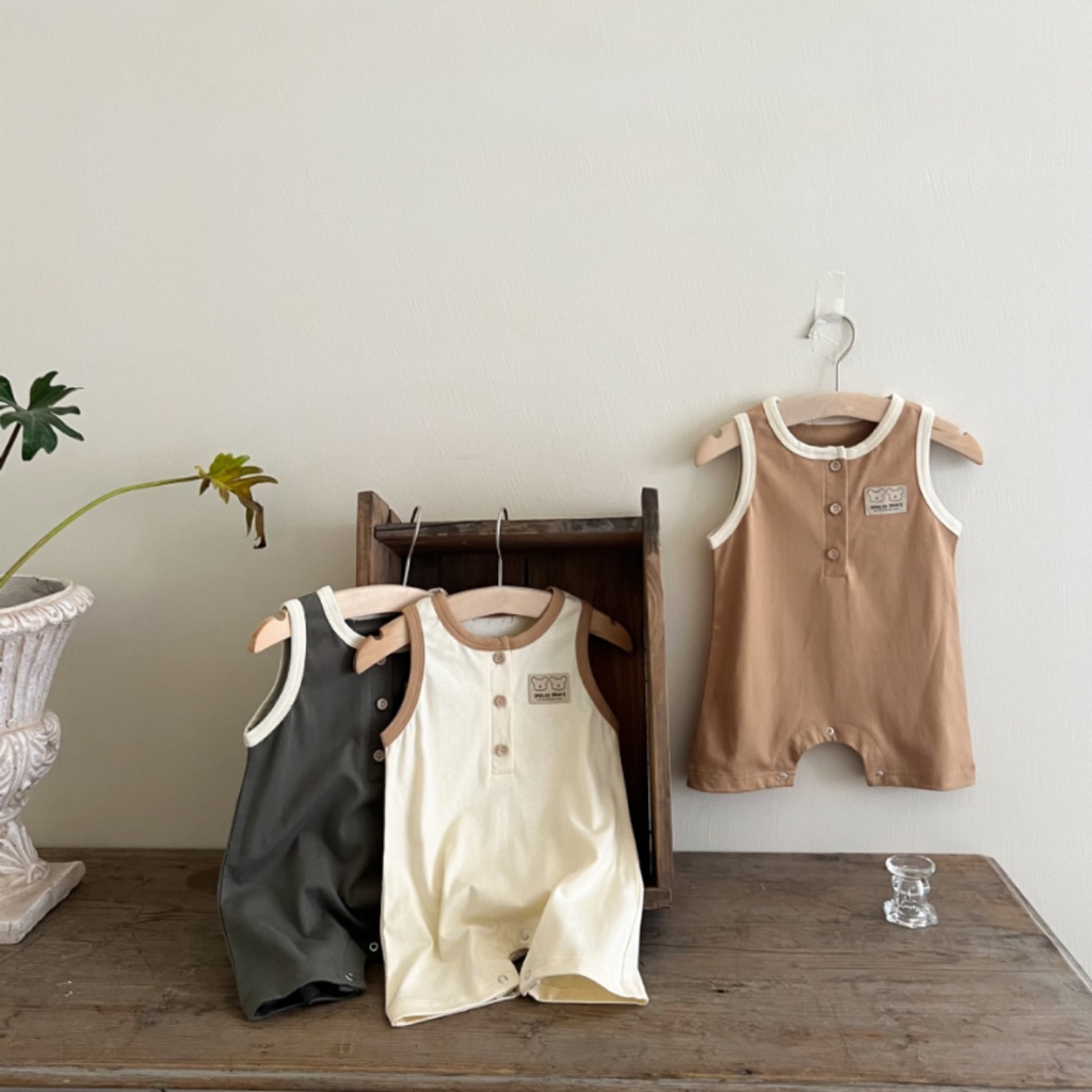 Áo Liền Quần Sát Nách In Hình Gấu Hoạt Hình Bằng Vải Cotton Thời Trang Mùa Hè Cho Bé 0-2 Tuổi