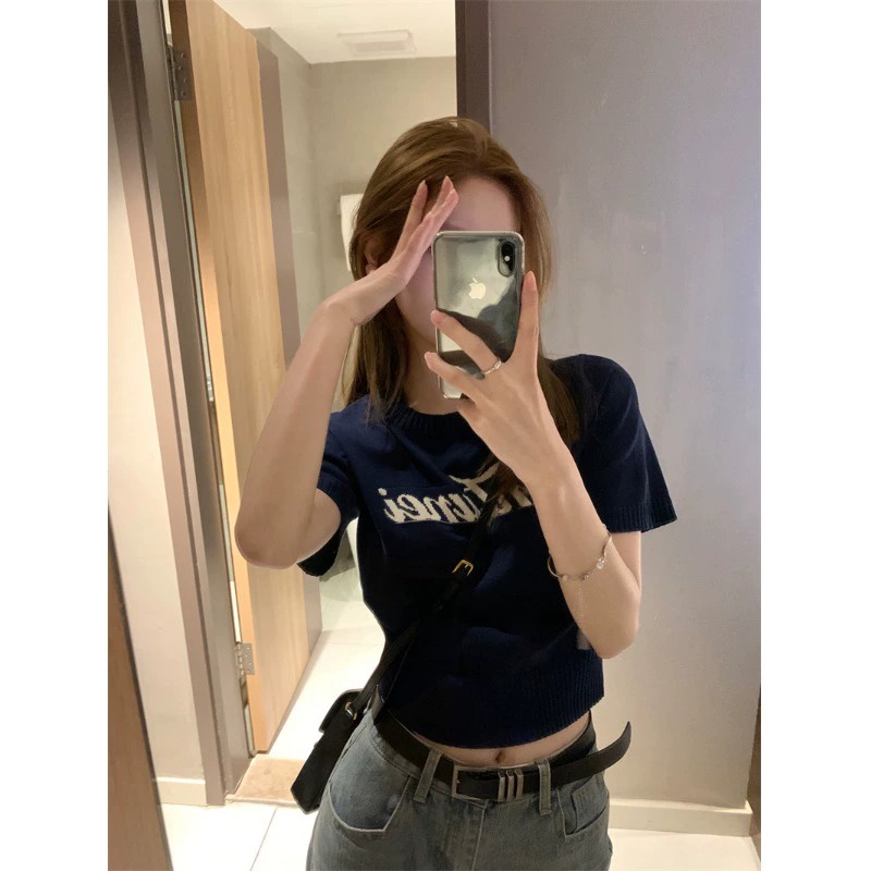 Áo Thun Dệt Kim Tay Ngắn Cổ Tròn Dáng Rộng In Họa Tiết Thời Trang Mùa Hè Phong Cách Hàn Quốc