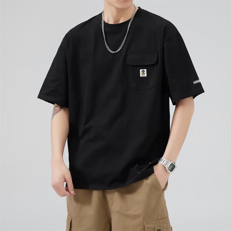 Áo Thun Cotton Ngắn Tay Màu Trơn Phối Túi Thời Trang Đường Phố Mùa Hè Cho Nam