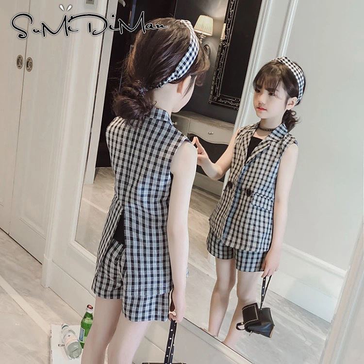 Bộ đồ ba mảnh hàn quốc mùa hè cho bé gái 2023 Bộ đồ kẻ sọc trẻ em mới Bộ đồ trẻ em ba mảnh