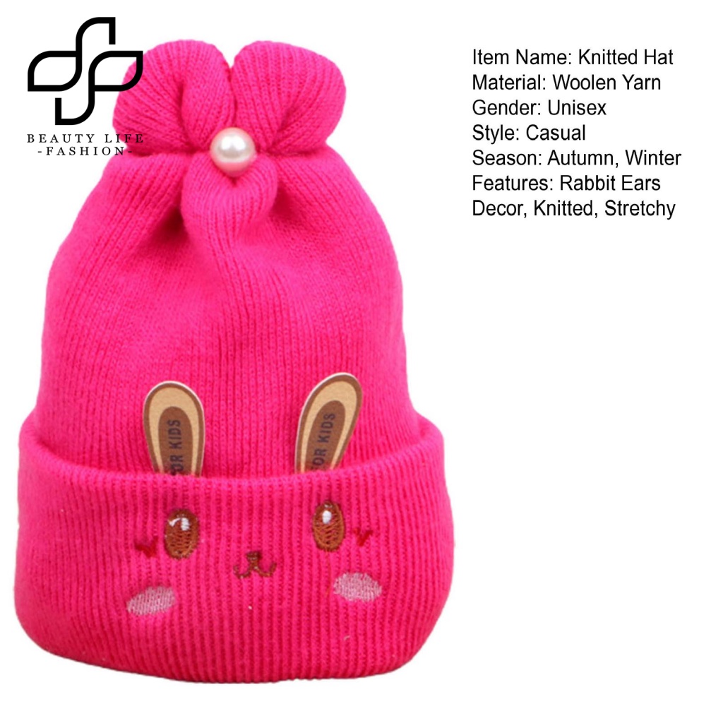 Mũ Beanie Dệt Kim Dày Dặn Đính Ngọc Trai Giả Thêu Hình Tai Thỏ Dễ Thương Thời Trang Thu Đông Cho Bé 0-6 Tháng Tuổi