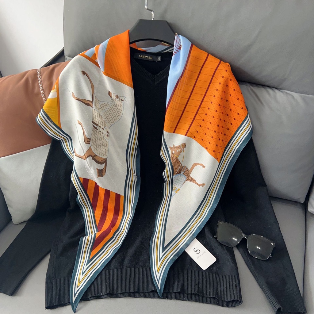 Khăn Choàng Cổ Nhỏ 180 * 38cm Bằng Lụa Đính Kim Cương Giả Màu Cam Họa Tiết Hình Học