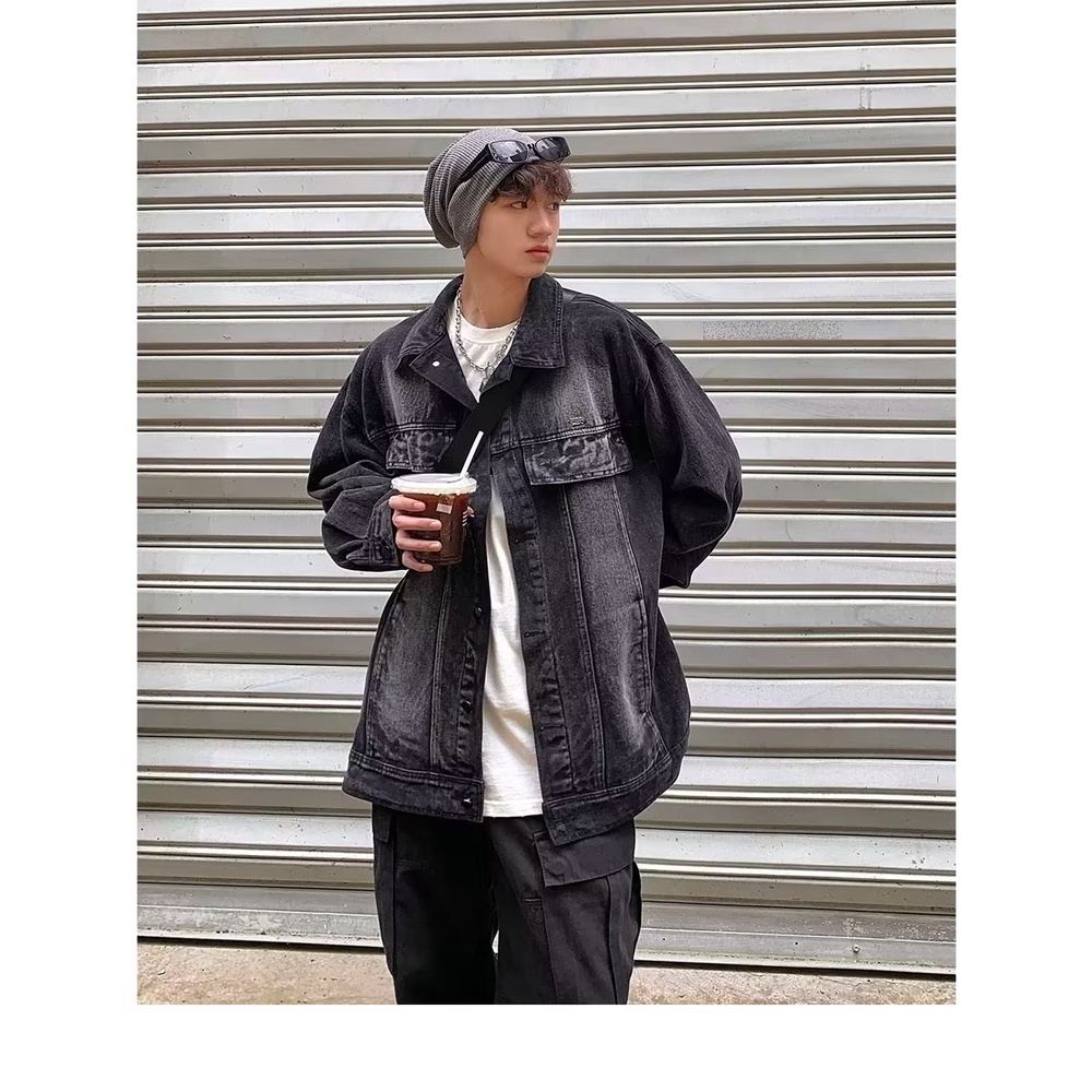 Áo Khoác Denim Dáng Rộng Màu Sắc Cà Phê Phong Cách Retro Đường Phố Cho Nam Giới