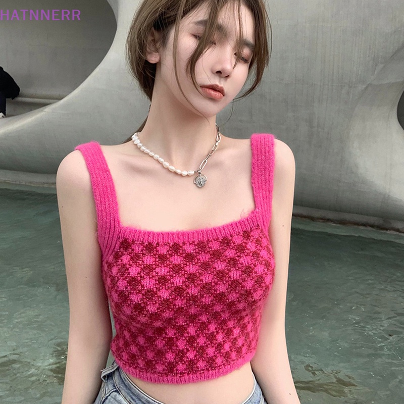 Áo Hai Dây Dệt Kim Cổ Vuông Họa Tiết Sọc Caro Phong Cách Vintage Thời Trang Mùa Hè Cho Nữ FHS