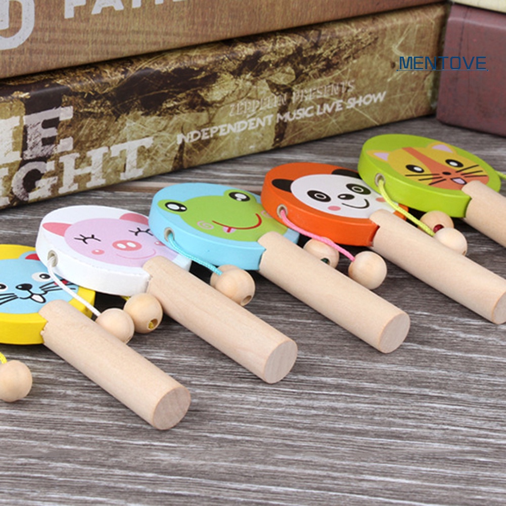 Trống Lục Lạc Cầm Tay Bằng Gỗ Hình Động Vật Hoạt Hình Cho Bé