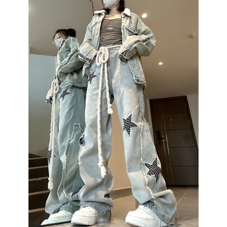 Y2k Quần Jeans Nữ Lưng Cao Ống Rộng Phong Cách Retro Mỹ Cá Tính