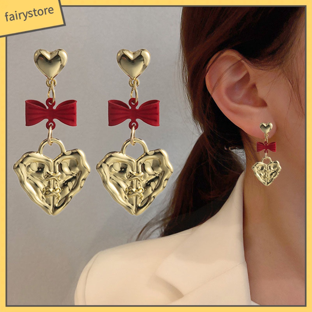 1 Đôi Bông Tai Hình Trái Tim / Nơ Dập Nổi Phong Cách Hàn Quốc Cổ Điển