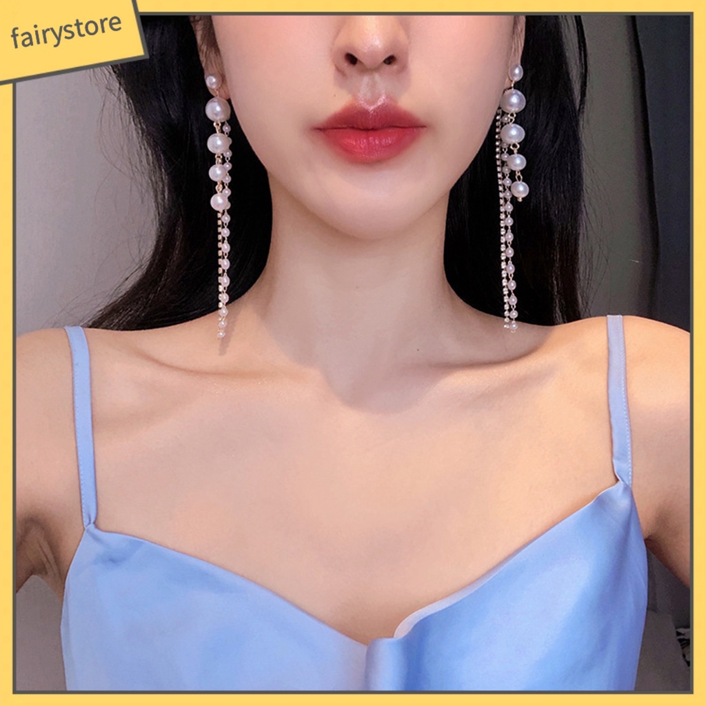 1 Đôi Bông Tai Dáng Dài Đính Ngọc Trai Nhân Tạo Phối Tua Rua Thời Trang