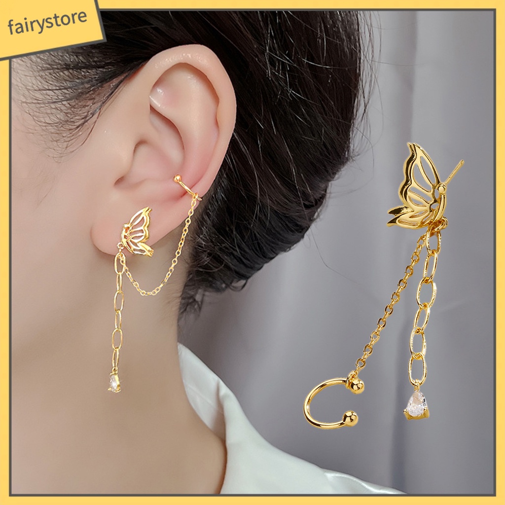 1 Khuyên Tai Dáng Dài Không Đối Xứng Đính Đá Phong Cách Hàn Quốc