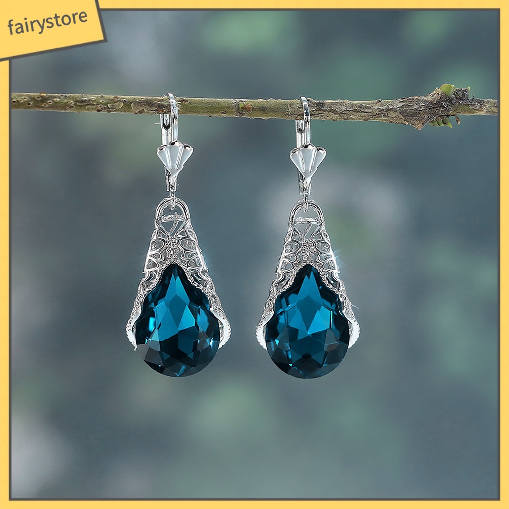 1 Cặp Bông Tai Đính Đá Hình Giọt Nước Màu Xanh Lá Phong Cách Retro