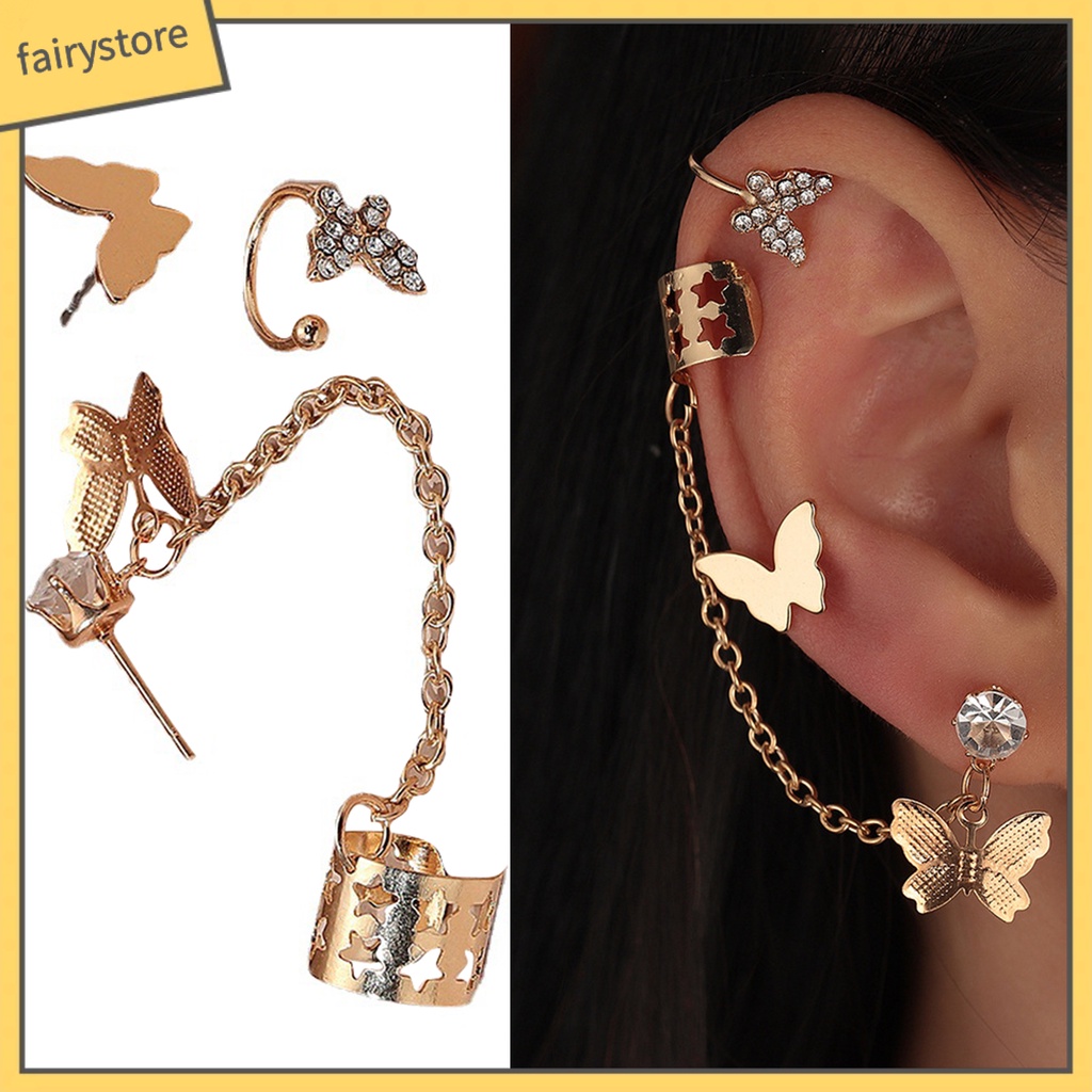 Bông Tai Dạng Xích Hình Bướm Đính Đá Trang Trí Dành Cho Nữ