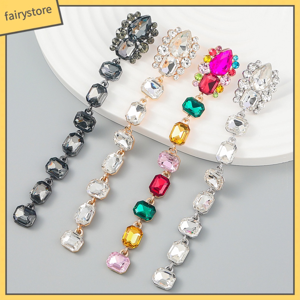 1 Đôi Bông Tai Hình Học Dáng Dài Đính Đá Nhiều Màu Thời Trang