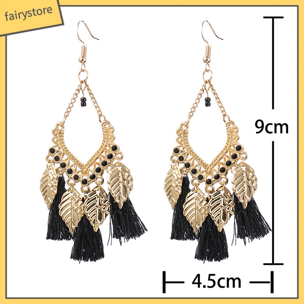 1 Đôi Bông Tai Móc Hình Chiếc Lá Tua Rua Dáng Dài Phong Cách Vintage