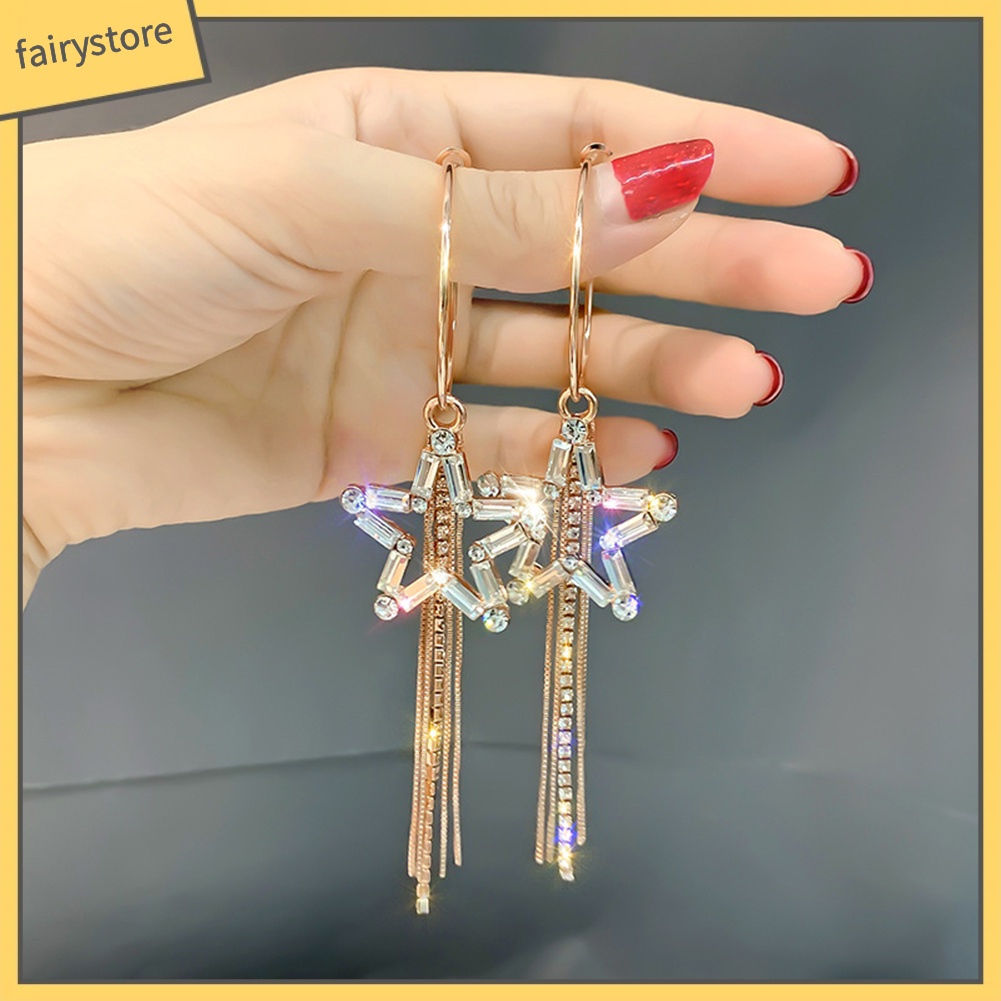 Bông Tai Dạng Vòng Hình Ngôi Sao Năm Cánh Đính Đá Phối Tua Rua Thời Trang Cho Nữ