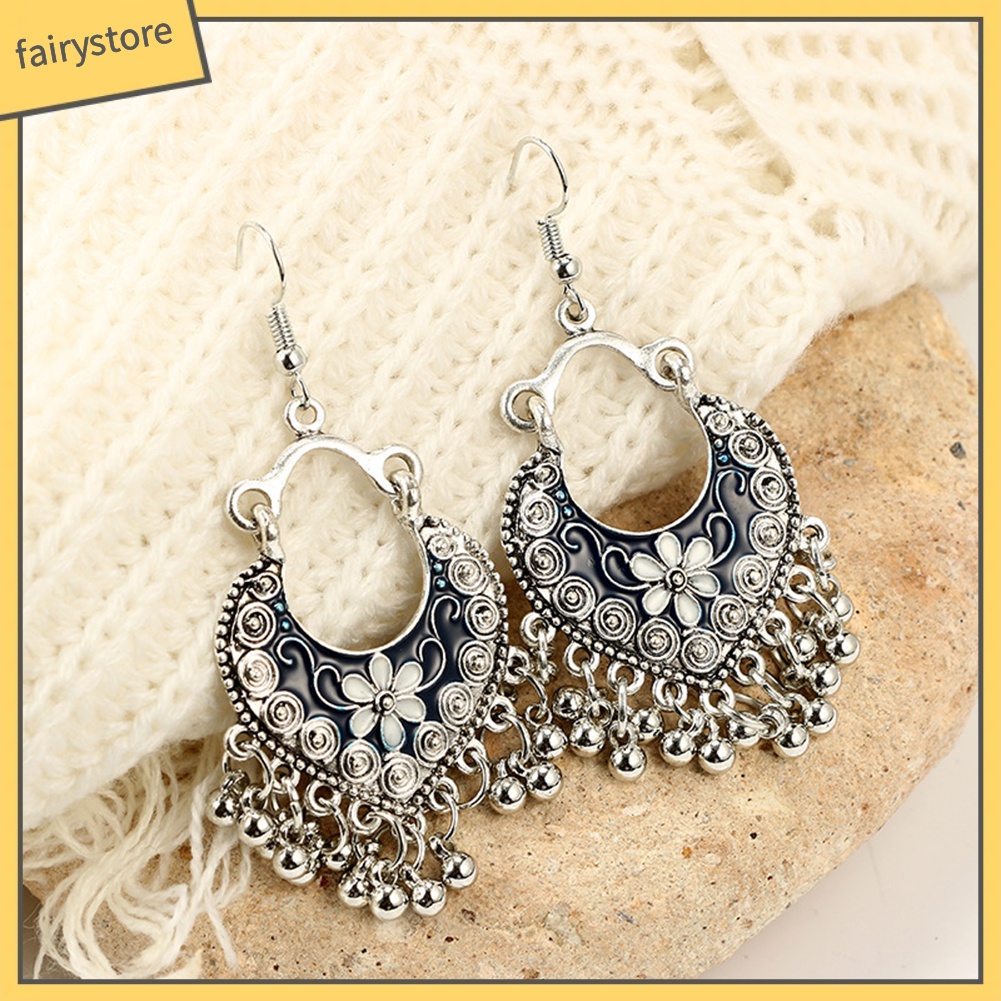 Khuyên Tai Móc Tua Rua Tráng Men Hình Hoa Phong Cách Bohemian Cho Nữ